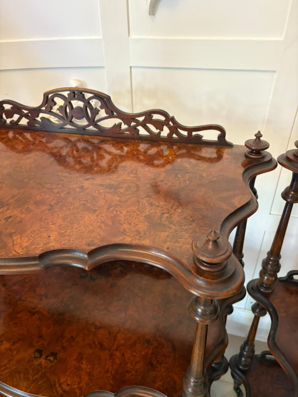 Furniture Unusual Pair Of Antique 19th Century Quality Burr Walnut Whatnots photo