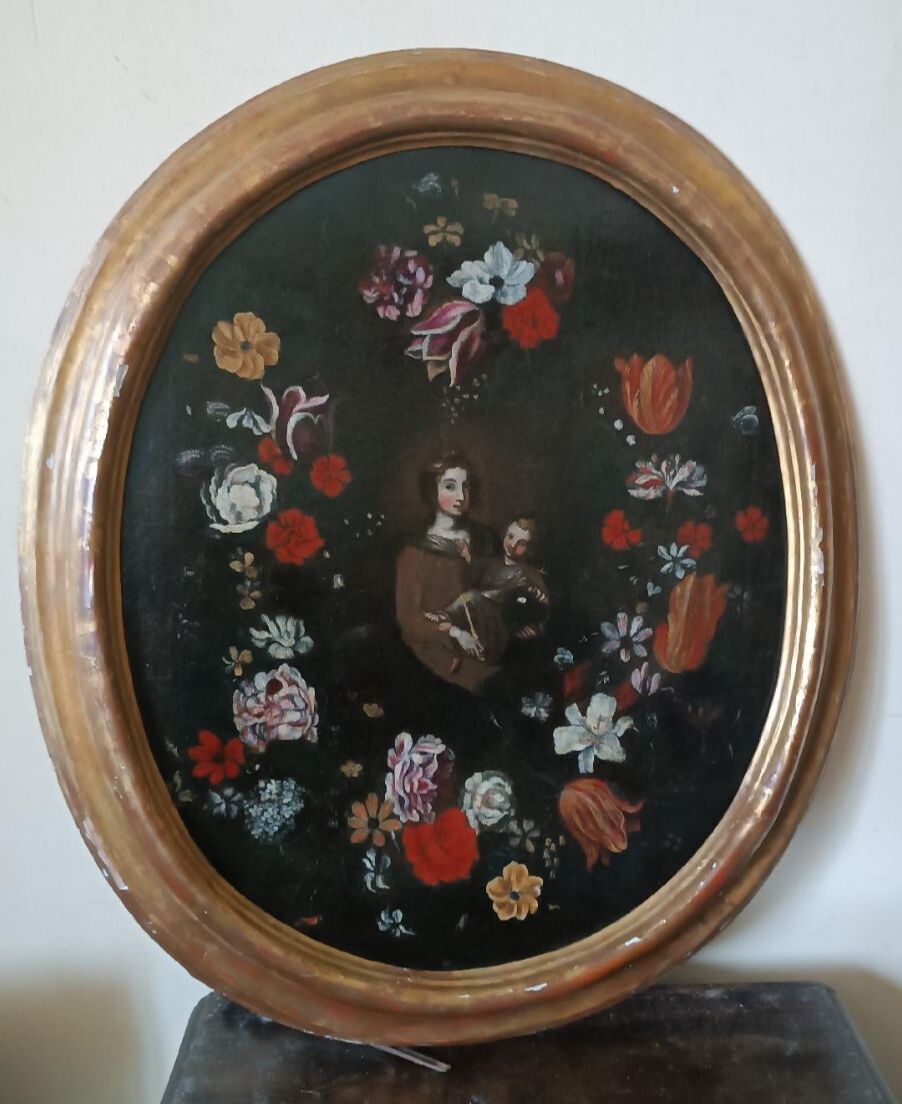 Oil On Antique Canvas, Italian School, Madonna With Child On Garland Of Flowers photo furniture