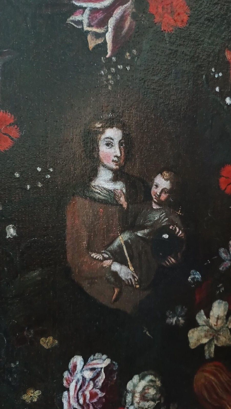 Oil On Antique Canvas, Italian School, Madonna With Child On Garland Of Flowers photo 1851.0