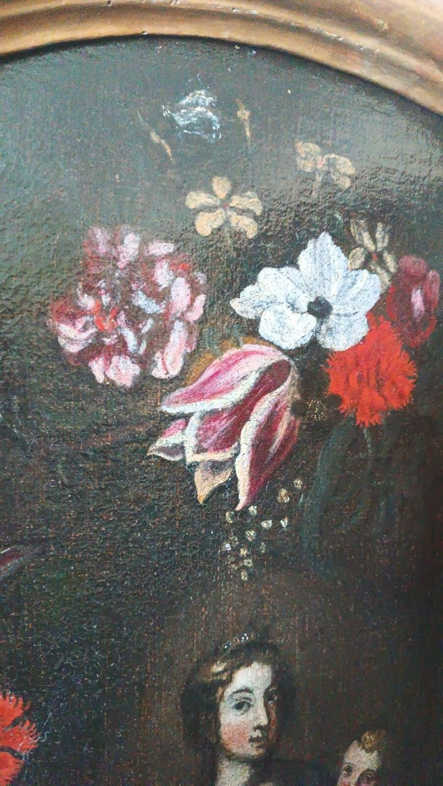 Oil On Antique Canvas, Italian School, Madonna With Child On Garland Of Flowers photo buy