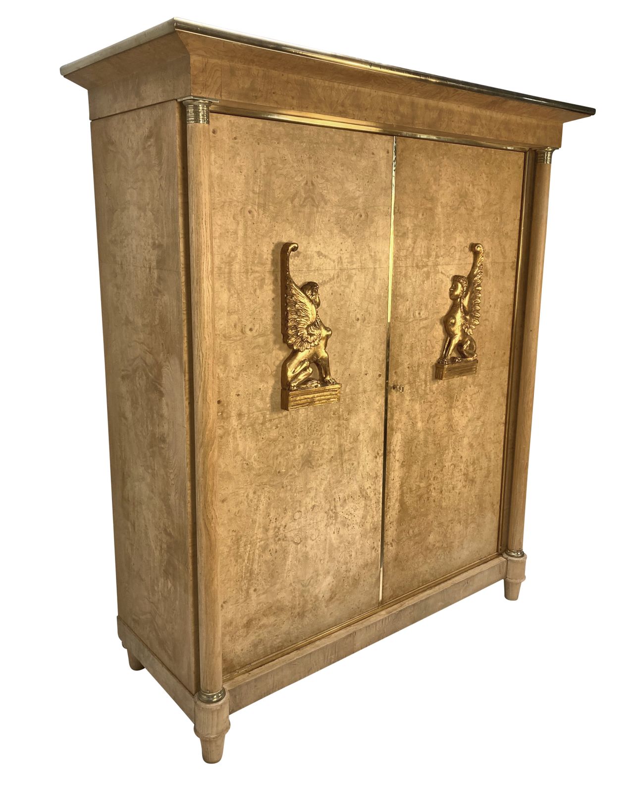 A Large Swedish Empire Revival Cupboard In Bleached Birds Eye Maple & Brass photo furniture