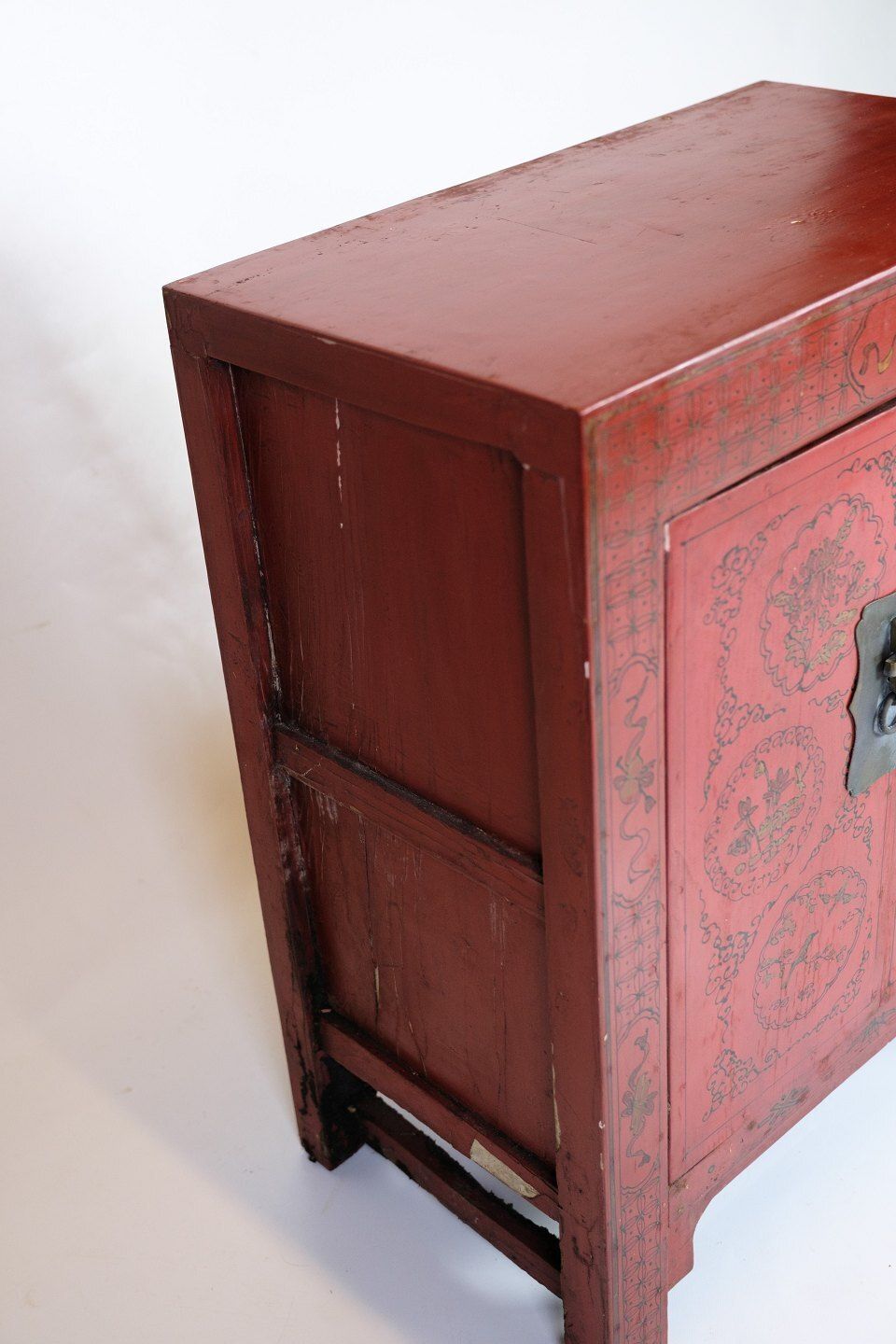 Antique Chinese Cabinet Original Painted In Red With Pattern & Brass Fittings From 1920s photo for sale