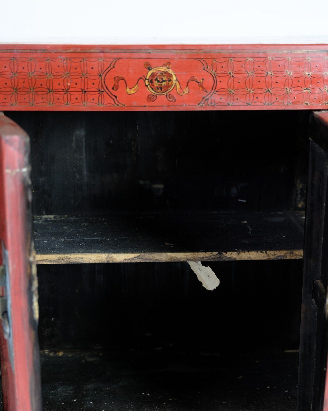 Antique Chinese Cabinet Original Painted In Red With Pattern & Brass Fittings From 1920s photo vintage