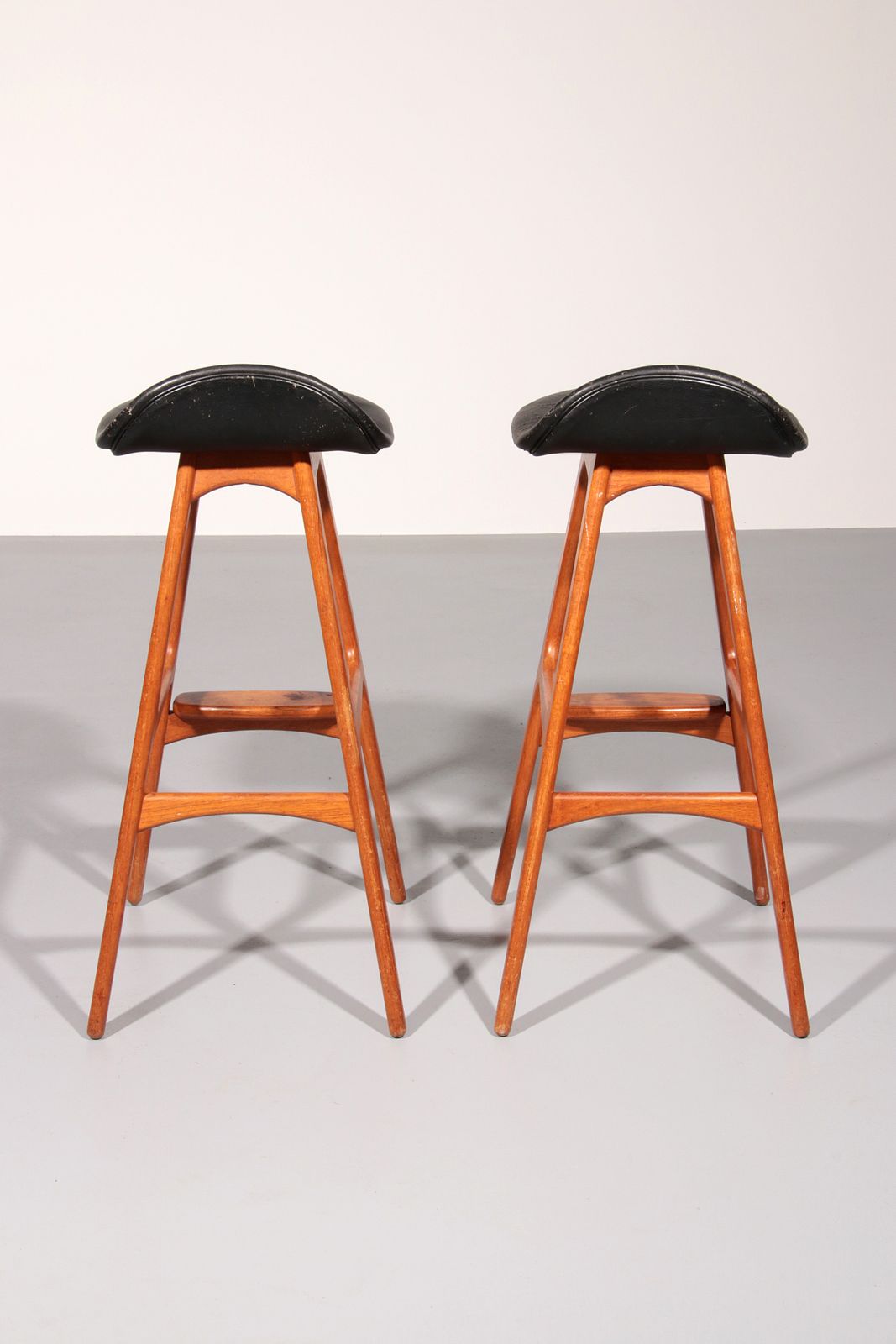 Design Bar Stools In Wood And Black Leather By Erik Buch 1960 photo 2450.0