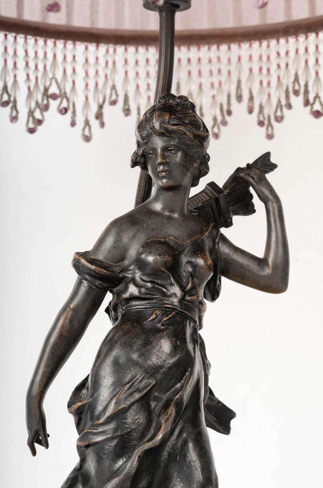 Art Nouveau Style Lamp, Bronze Sculpture, And Glass Shade. photo furniture