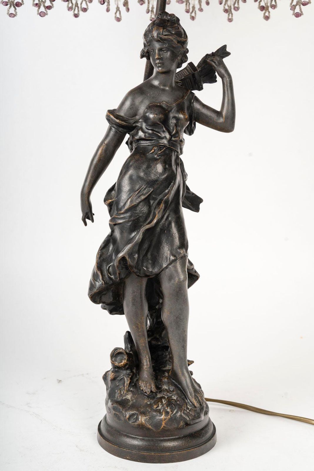 Art Nouveau Style Lamp, Bronze Sculpture, And Glass Shade. photo for sale