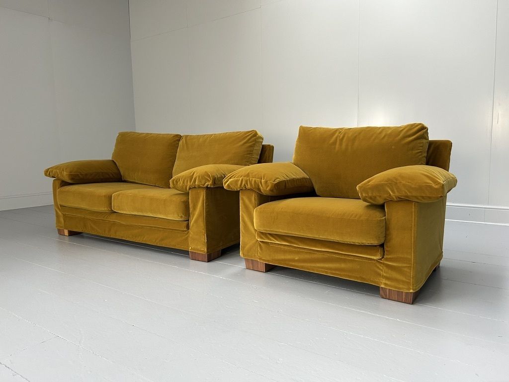 Flexform “Cushion Arm” 2.5 Seat Sofa & Armchair – In Mustard Gold Velvet