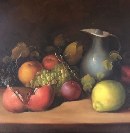 Oil Painting Fruit Still Life Portrait Of Grapes Apples Lemon Jug photo vintage