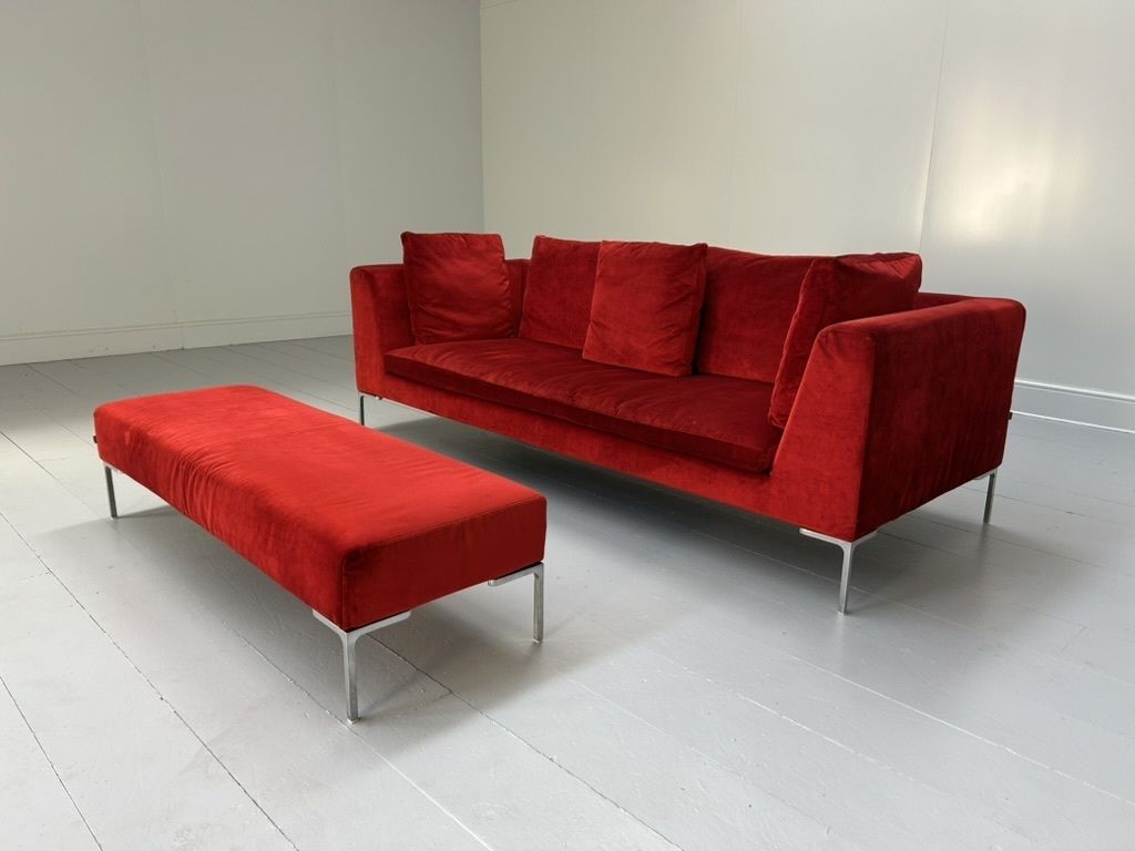 B&B Italia “Charles Ch230” Sofa & “Ch150p” Bench Ottoman – In Red Velvet photo for sale
