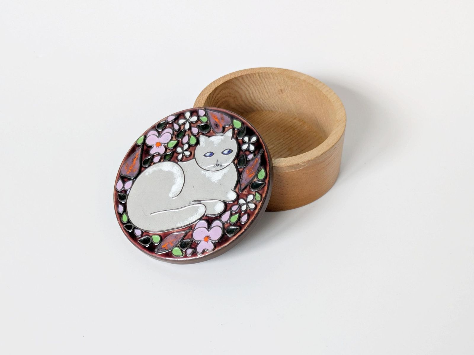 Midcentury Wooden Jewelry Box With Enamel Cat Lid, Enameled Copper, 1960s Gift Idea