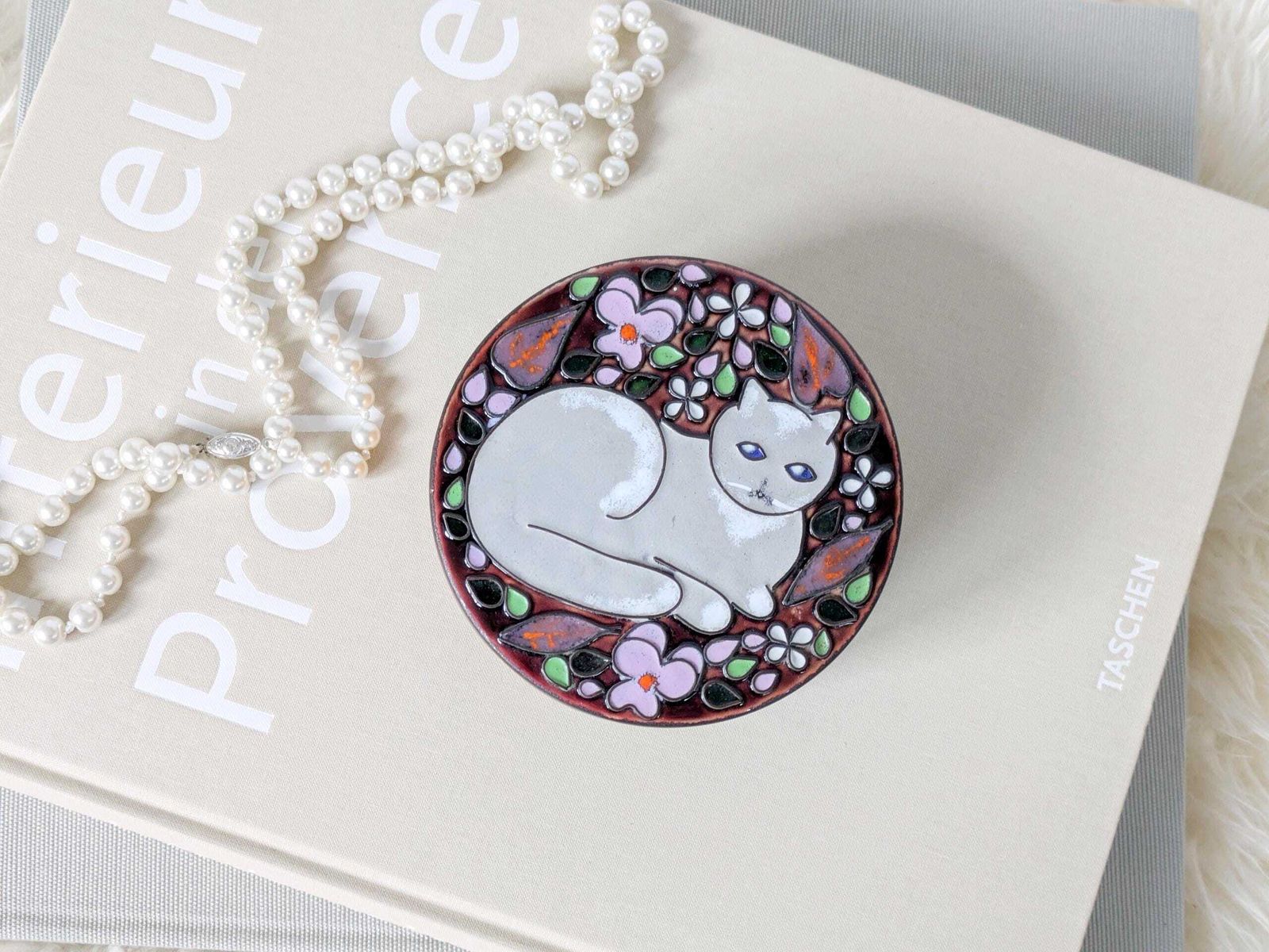 photo for sale Midcentury Wooden Jewelry Box With Enamel Cat Lid, Enameled Copper, 1960s Gift Idea