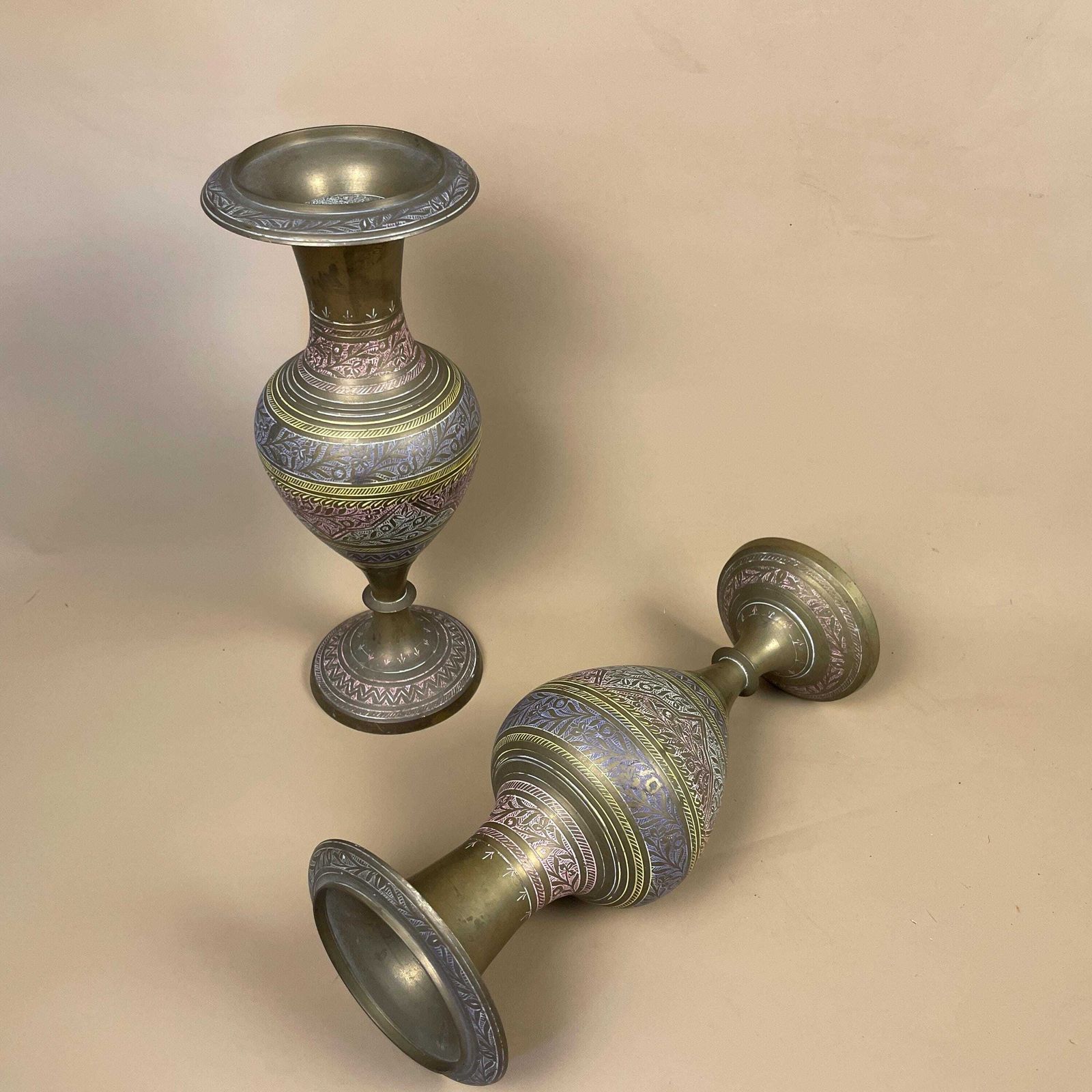 Pair Of Antique Metal Gold Indian Patterned Brass Plant Pot Vase Jardiniere Handmade Engraved Etched Intricate Vintage Decorative Asian photo furniture