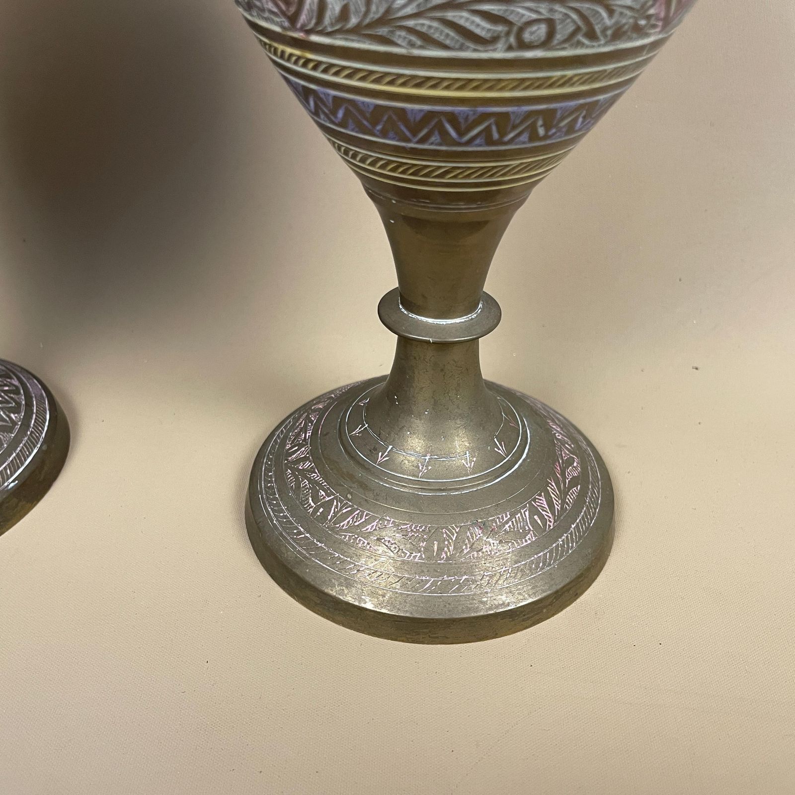 Pair Of Antique Metal Gold Indian Patterned Brass Plant Pot Vase Jardiniere Handmade Engraved Etched Intricate Vintage Decorative Asian photo buy