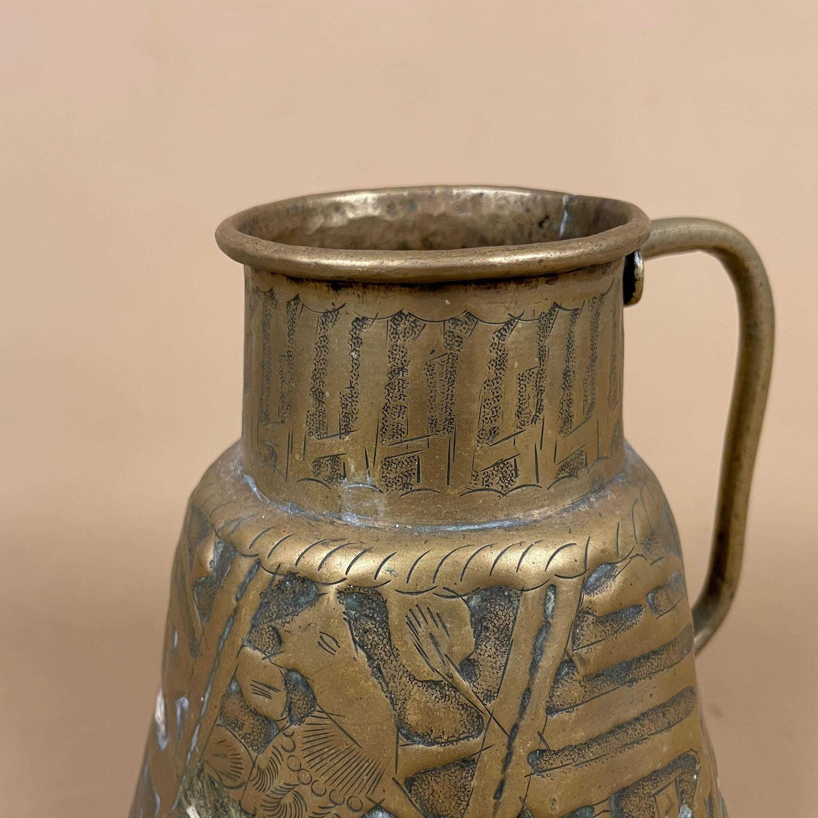 Antique Metal Gold Middle East Patterned Brass Plant Pot Vase Jug Planter Jardiniere Handmade Engraved Etched Intricate Vintage Decorative photo vinterior