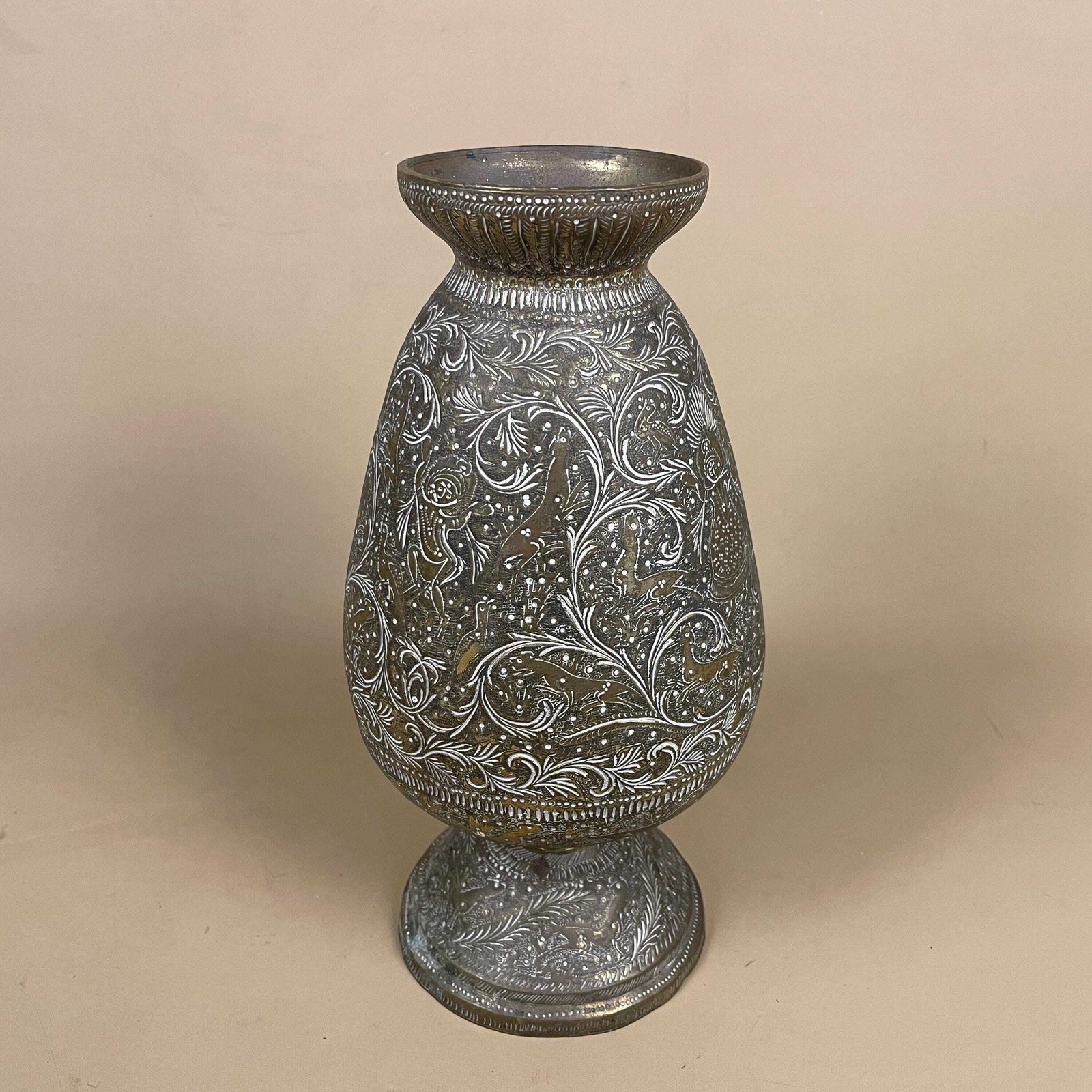 Antique Metal Gold Indian Patterned Brass Plant Pot Vase Jug Planter Jardiniere Handmade Engraved Etched Intricate Vintage Decorative Asian