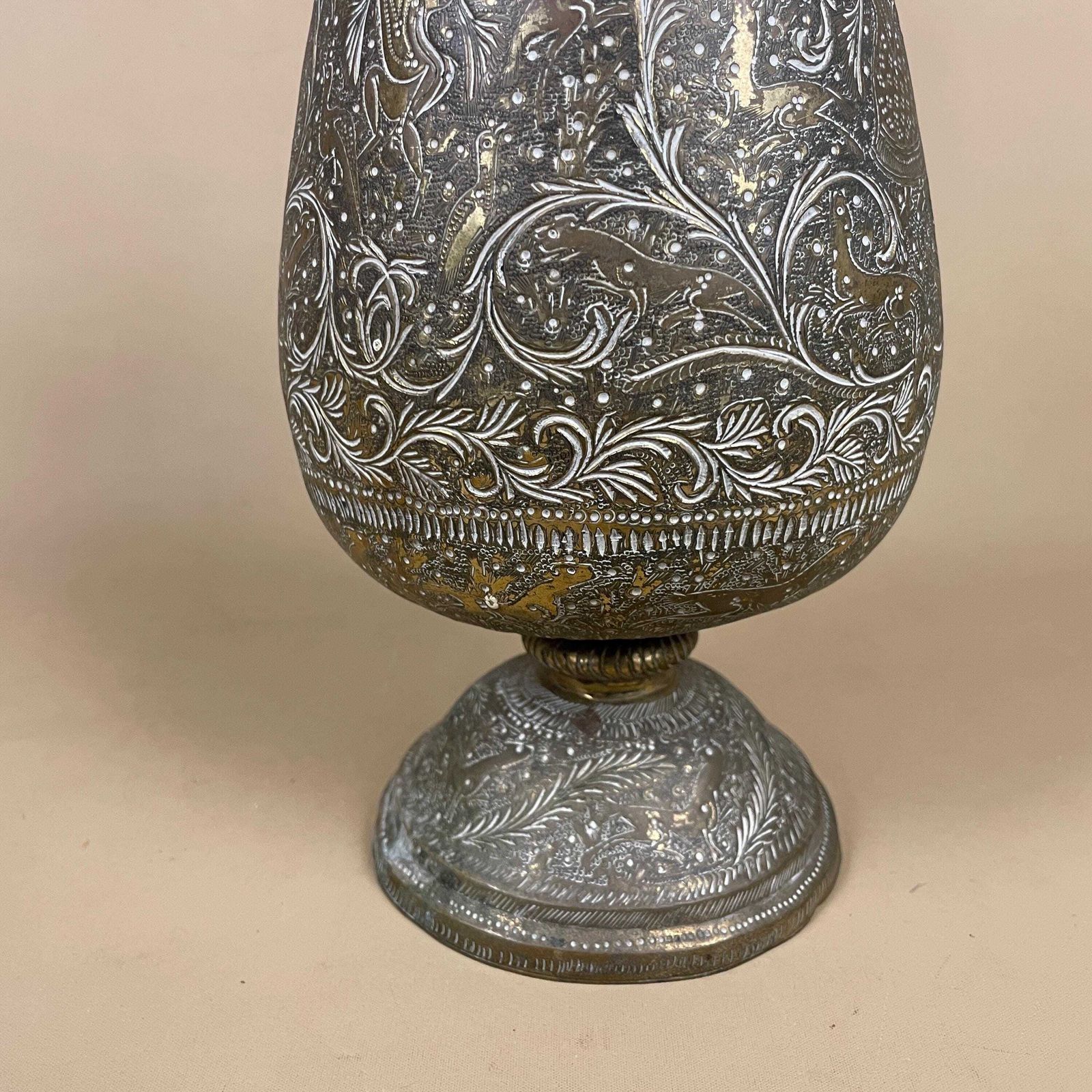 Antique Metal Gold Indian Patterned Brass Plant Pot Vase Jug Planter Jardiniere Handmade Engraved Etched Intricate Vintage Decorative Asian photo Home Decor