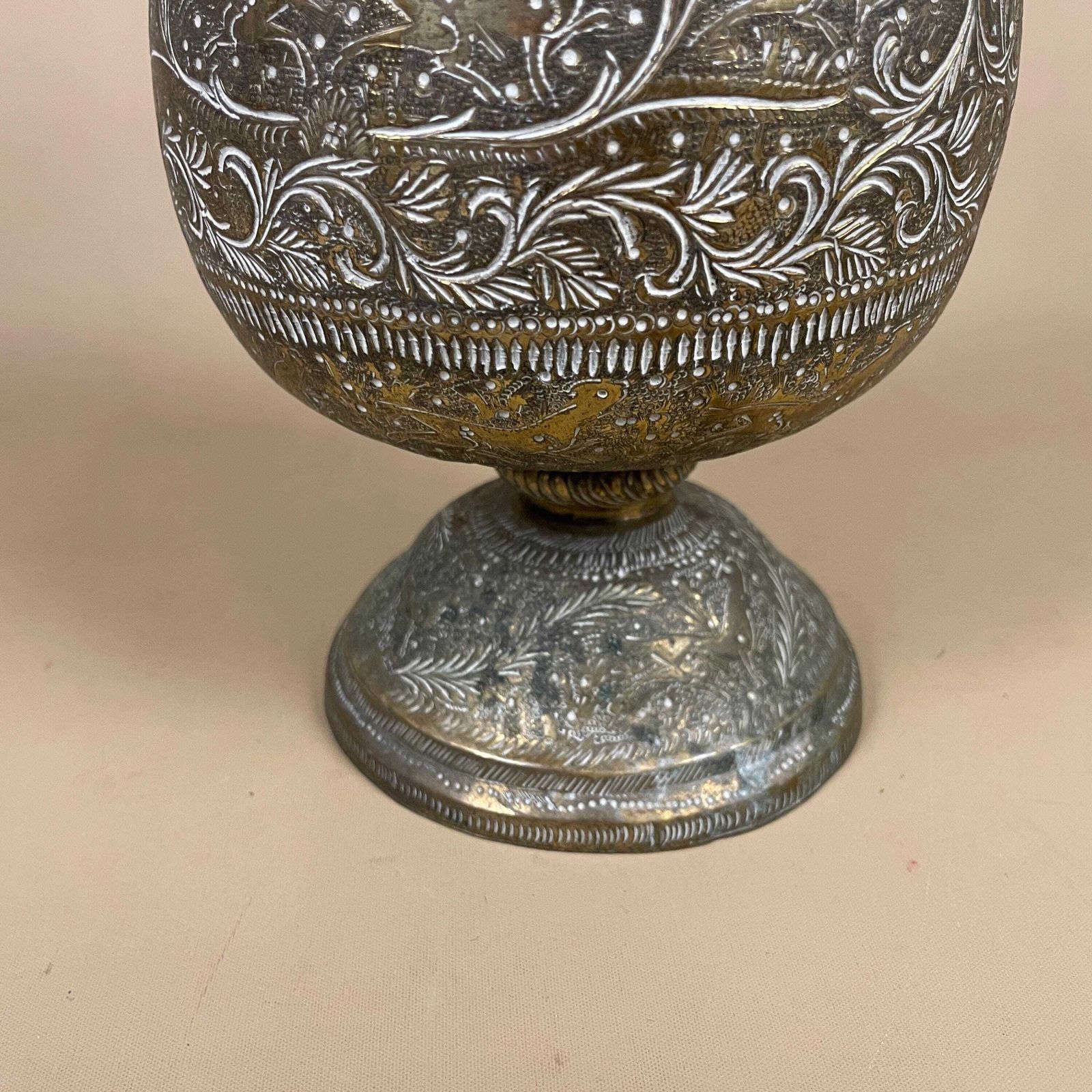 Antique Metal Gold Indian Patterned Brass Plant Pot Vase Jug Planter Jardiniere Handmade Engraved Etched Intricate Vintage Decorative Asian photo vintage