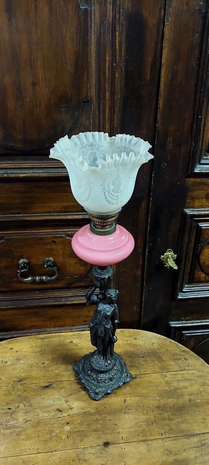 Antique Oil Light 19th Century Antimony Opalescent Glass Lamp photo for sale