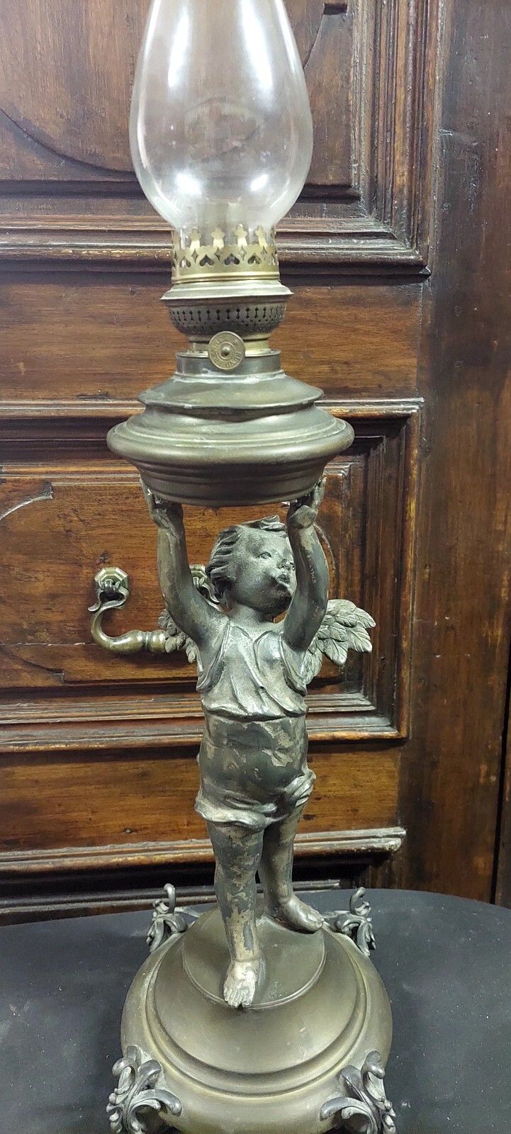 260.0 Antique Putto Oil Light 19th Century Antimony Brass Glass photo