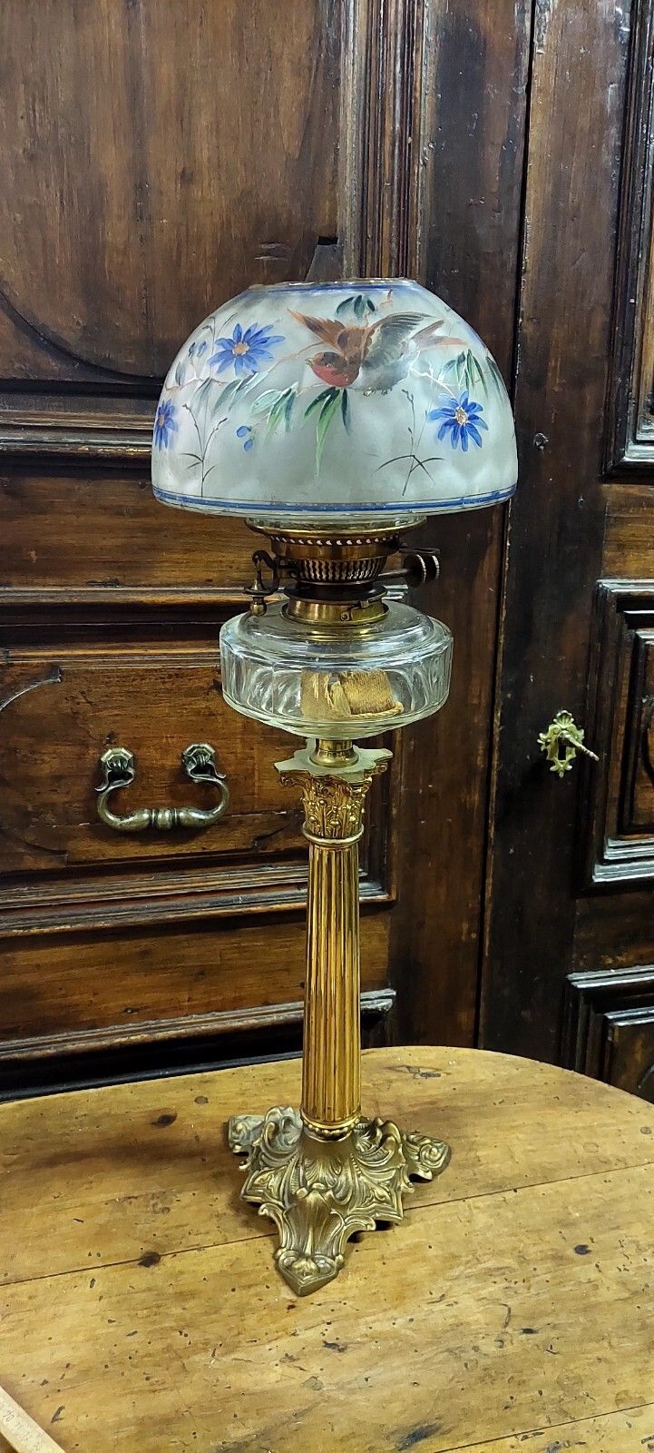 Antique Oil Light Gilded Bronze Painted Glass 19th Century Original photo furniture