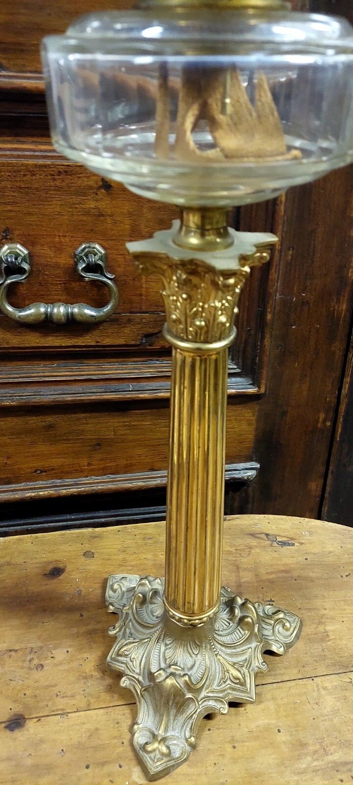 photo for sale Antique Oil Light Gilded Bronze Painted Glass 19th Century Original
