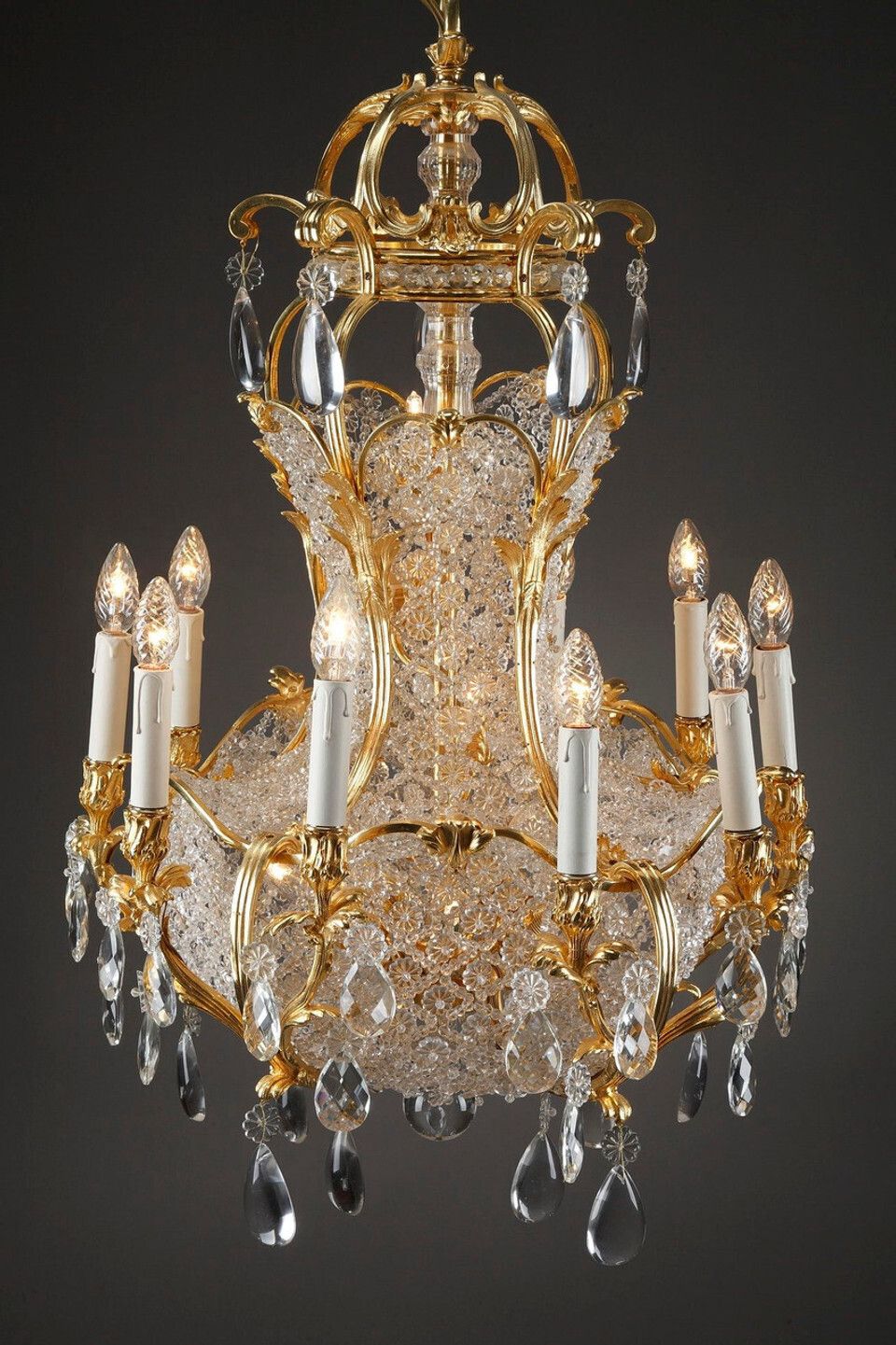 Crystal And Gilded Bronze Corbeille Chandelier, Late 19th Century photo for sale