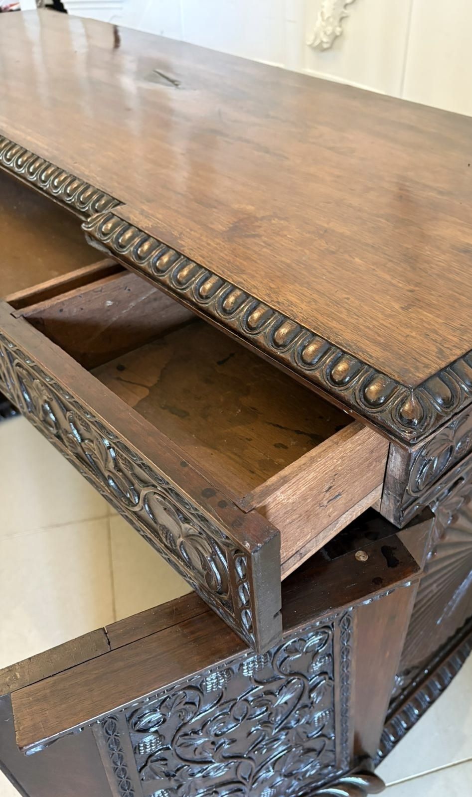 Antique Ornate Small Carved Anglo Indian Padauk Inverted Breakfront Pedestal Sideboard photo buy
