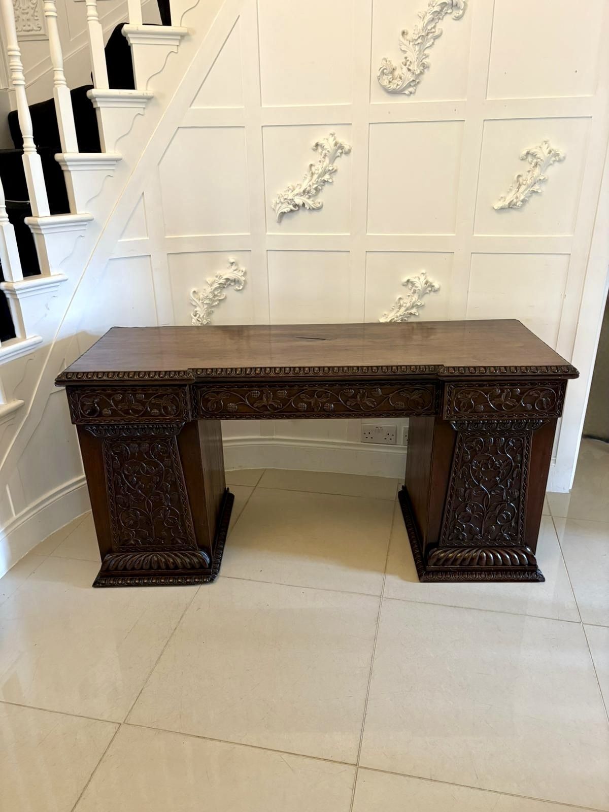 Antique Ornate Small Carved Anglo Indian Padauk Inverted Breakfront Pedestal Sideboard