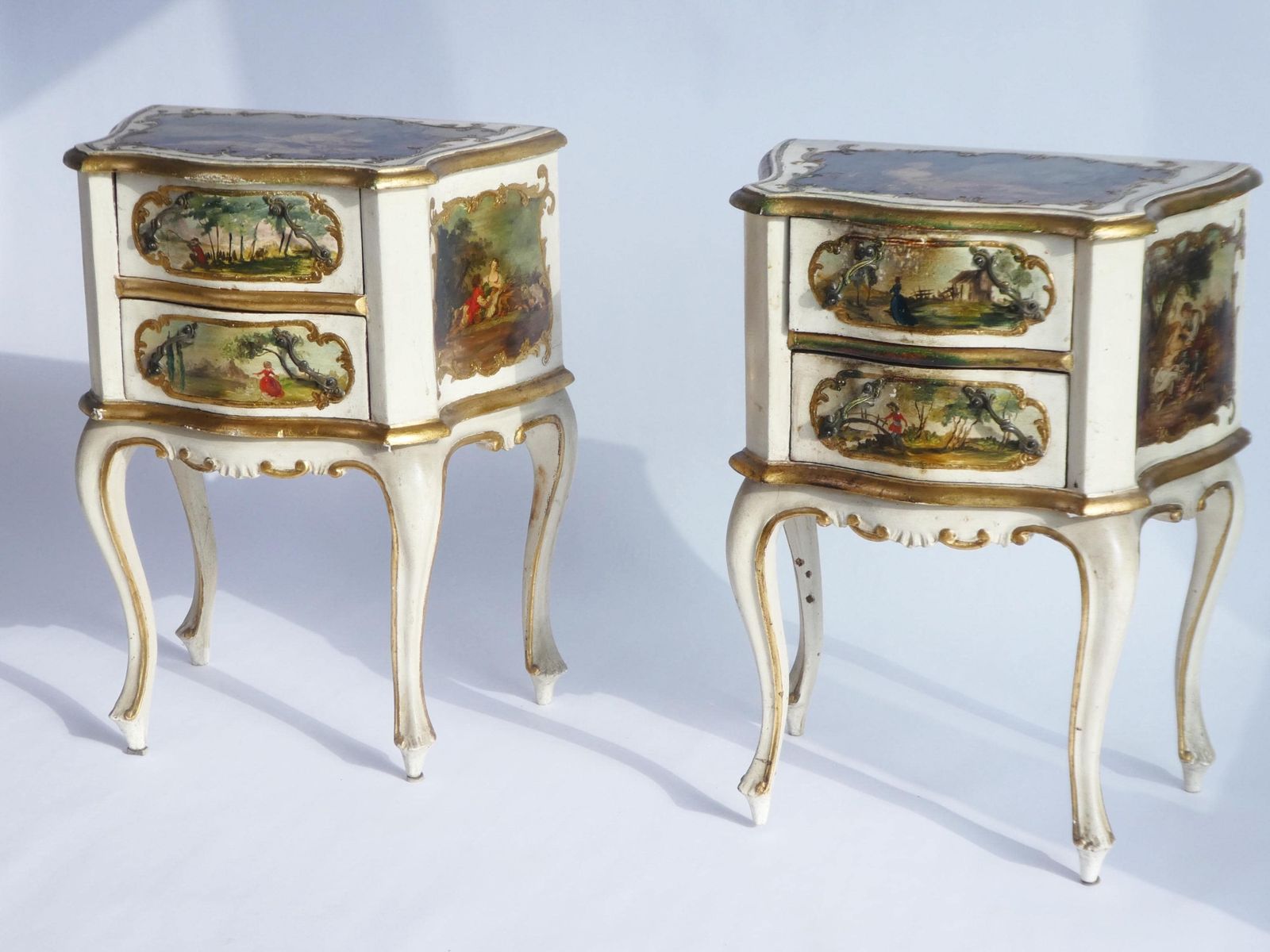 Vintage Set Baroque Nightstands With Romantic Scenes, Italian Wooden Bedside Tables, Beige And Golden Florentine Side Tables
