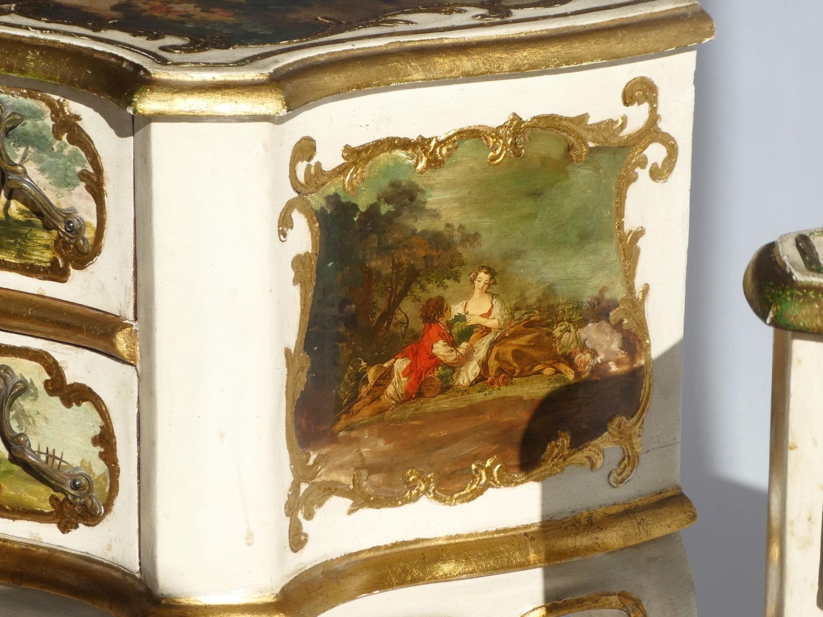 Vintage Set Baroque Nightstands With Romantic Scenes, Italian Wooden Bedside Tables, Beige And Golden Florentine Side Tables photo Furniture