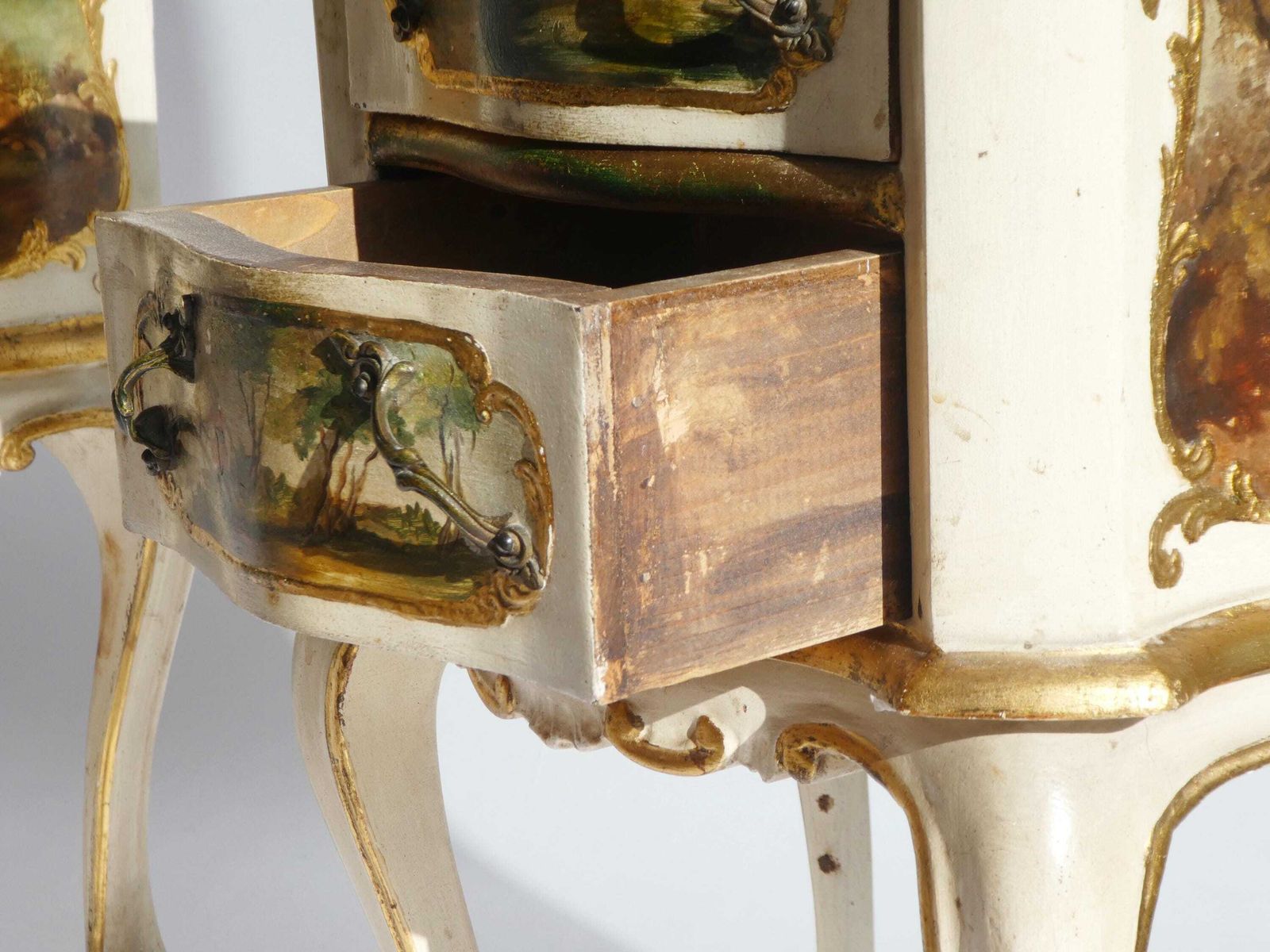 Vintage Set Baroque Nightstands With Romantic Scenes, Italian Wooden Bedside Tables, Beige And Golden Florentine Side Tables photo vinterior