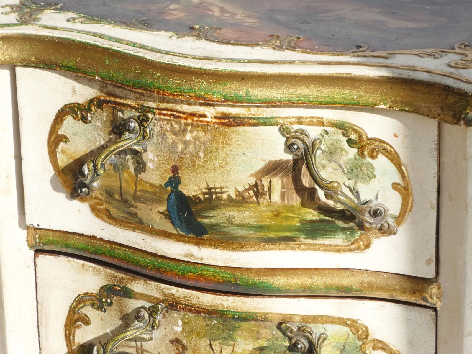 photo furniture Vintage Set Baroque Nightstands With Romantic Scenes, Italian Wooden Bedside Tables, Beige And Golden Florentine Side Tables