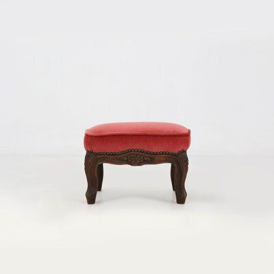 Baroque Ottoman In Carved Wood With Coral Velvet Upholstery, 1950s