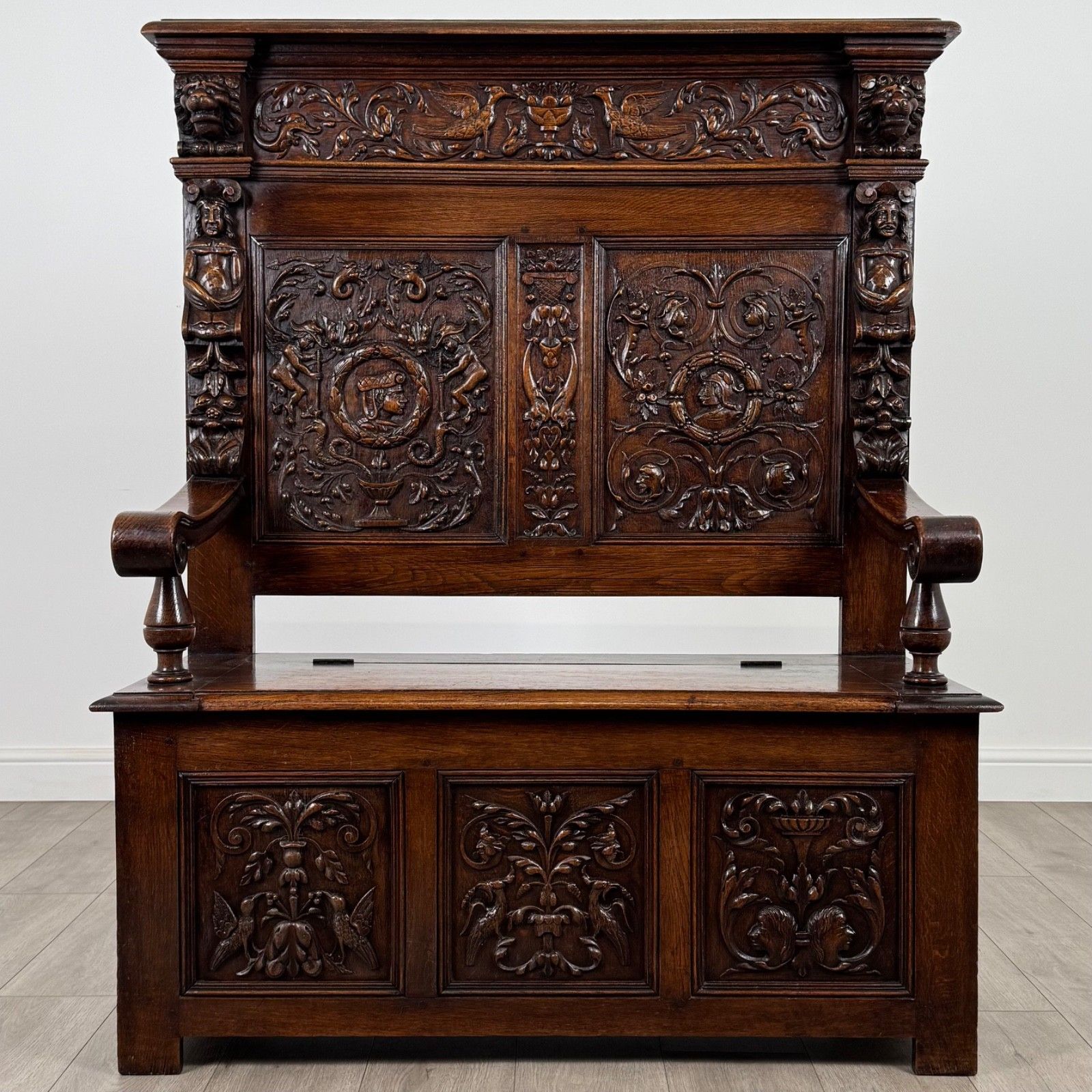Antique 19th Century Finest Quality Carved Oak Settle