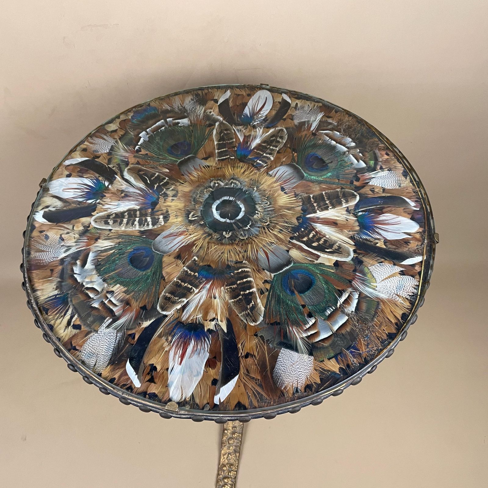 Vintage Round End Table Assorted Feathers Under Glass Top Brass Legs Circle Coffee Plant Stand Unusual Unique Interesting Bird Feathers photo 195.0
