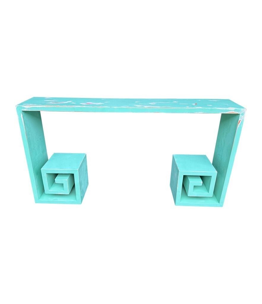 A 1970s Table With Greek Key Design, In Distressed Beach Finish