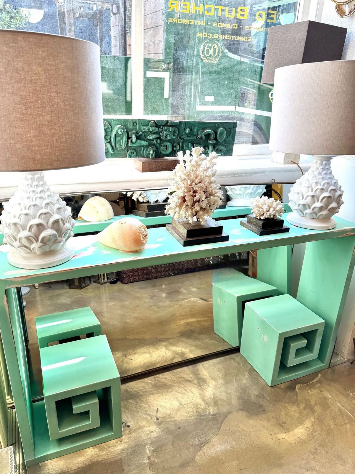 A 1970s Table With Greek Key Design, In Distressed Beach Finish photo furniture