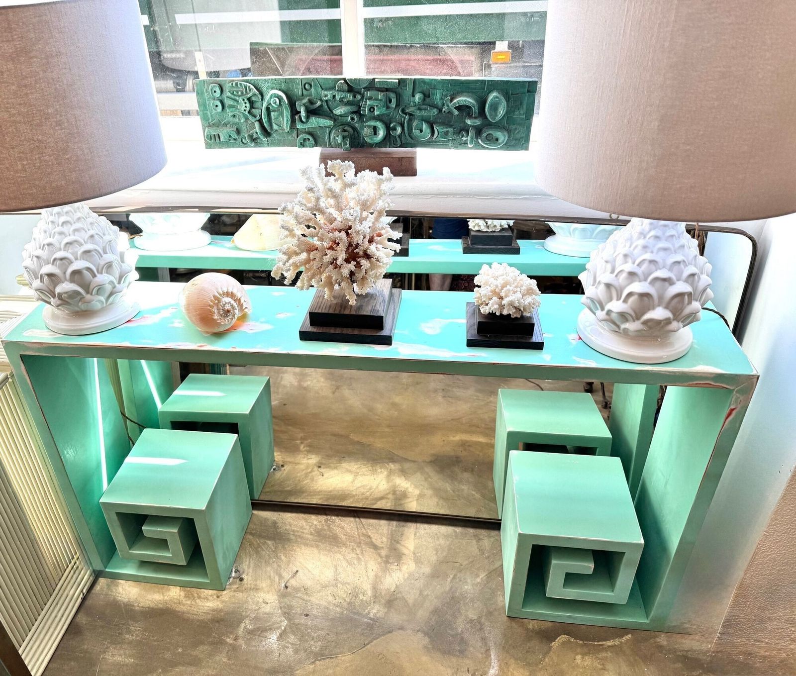 A 1970s Table With Greek Key Design, In Distressed Beach Finish photo Furniture