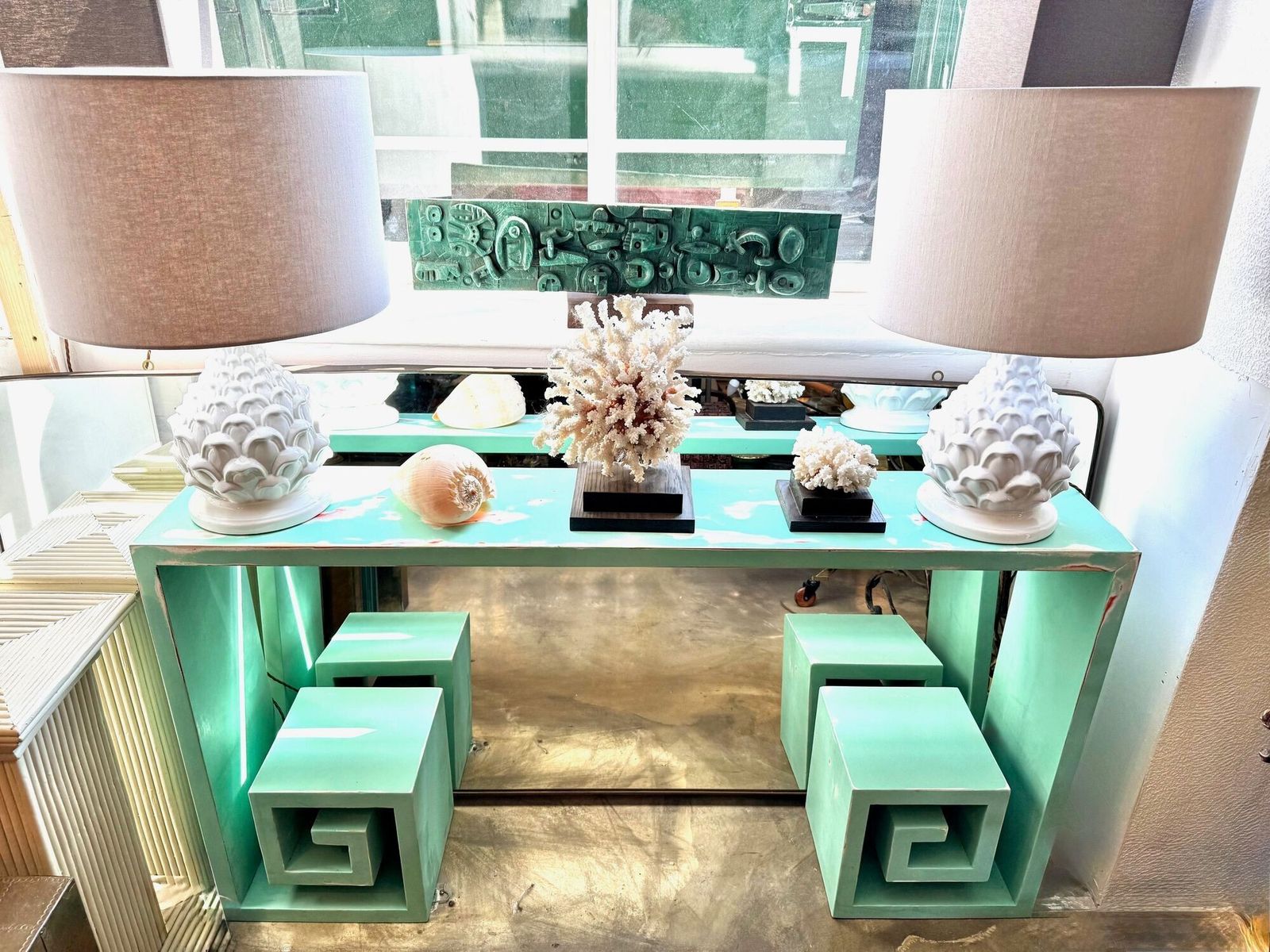 A 1970s Table With Greek Key Design, In Distressed Beach Finish photo vintage