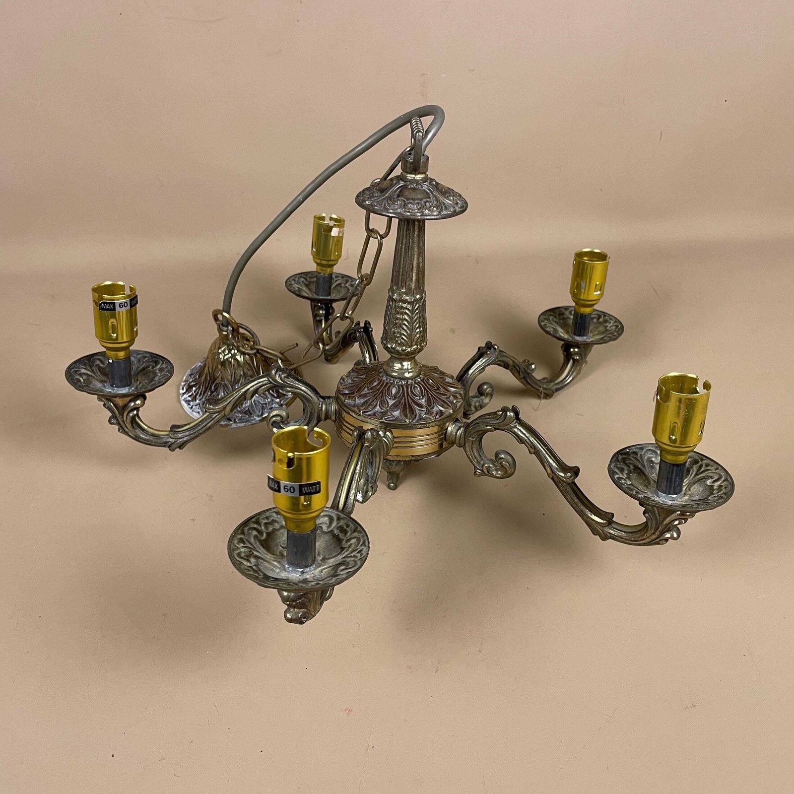 Antique Ceiling Light Gold Brass Metal Chandelier Vintage Classic Pendent Ornate Hanging Chain 5 Arms Candle Tops Patterned Hanging photo for sale
