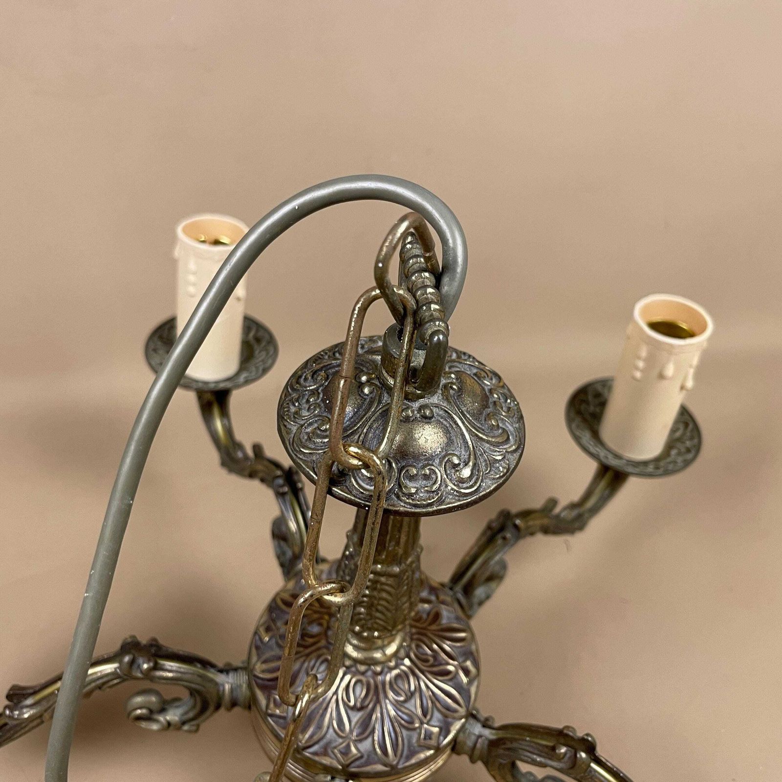 Antique Ceiling Light Gold Brass Metal Chandelier Vintage Classic Pendent Ornate Hanging Chain 5 Arms Candle Tops Patterned Hanging photo buy