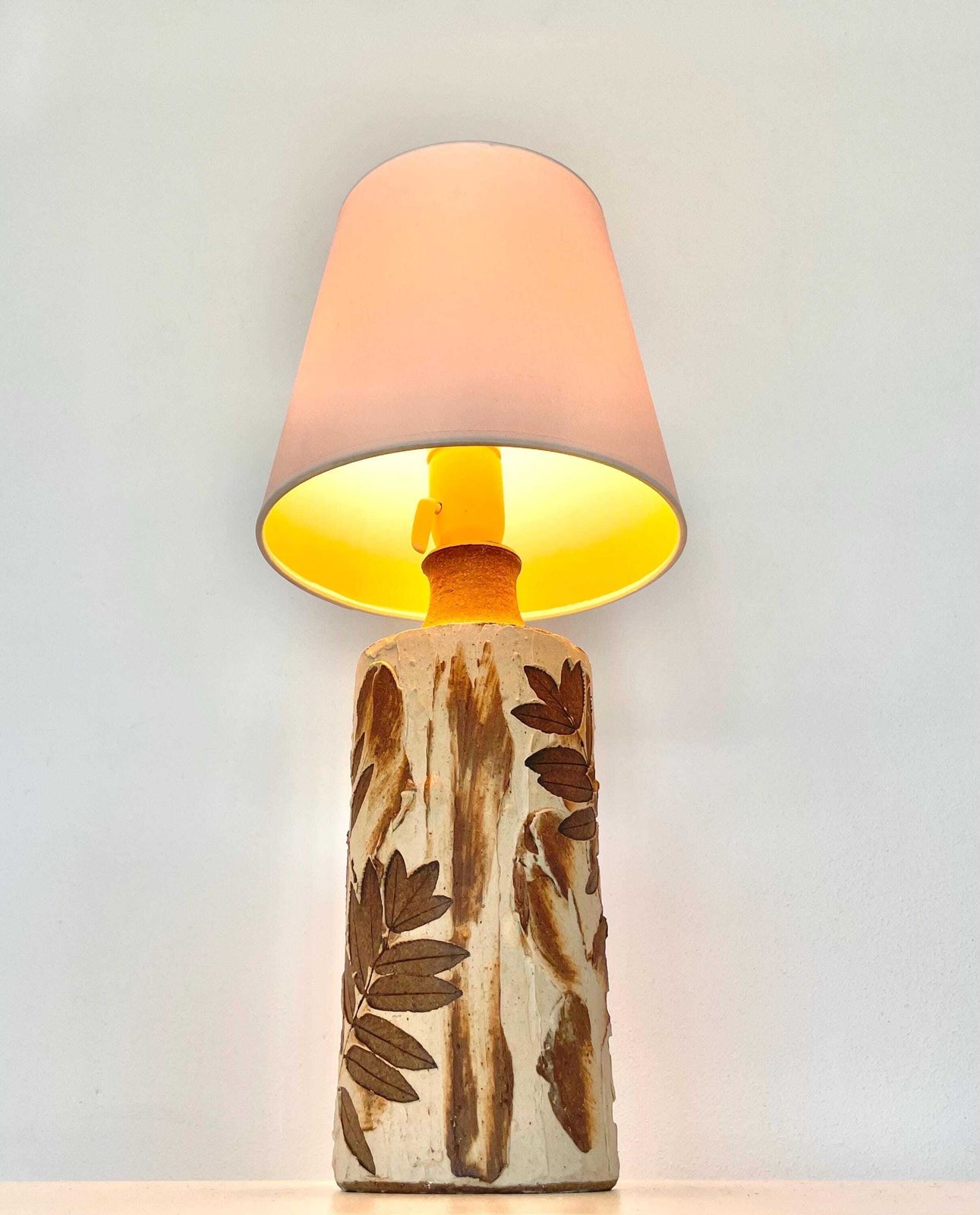 Ceramic Mid Century Table Lamp From Denmark With Plant Pattern And Earthy Colors With A White Fabric Shade photo furniture