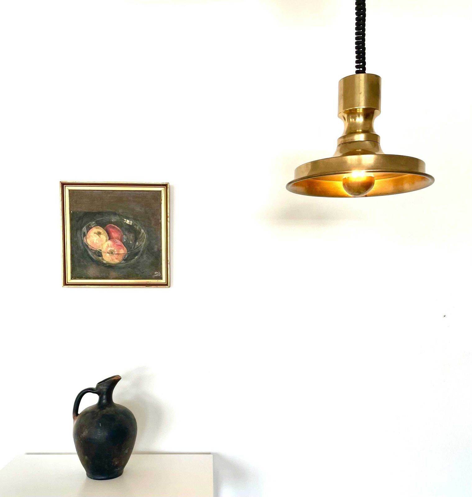 Danish Mid Century Modern Vintage Patinated Brass Ceiling Lamp In Architectural Elegant Design From The 1960s photo furniture
