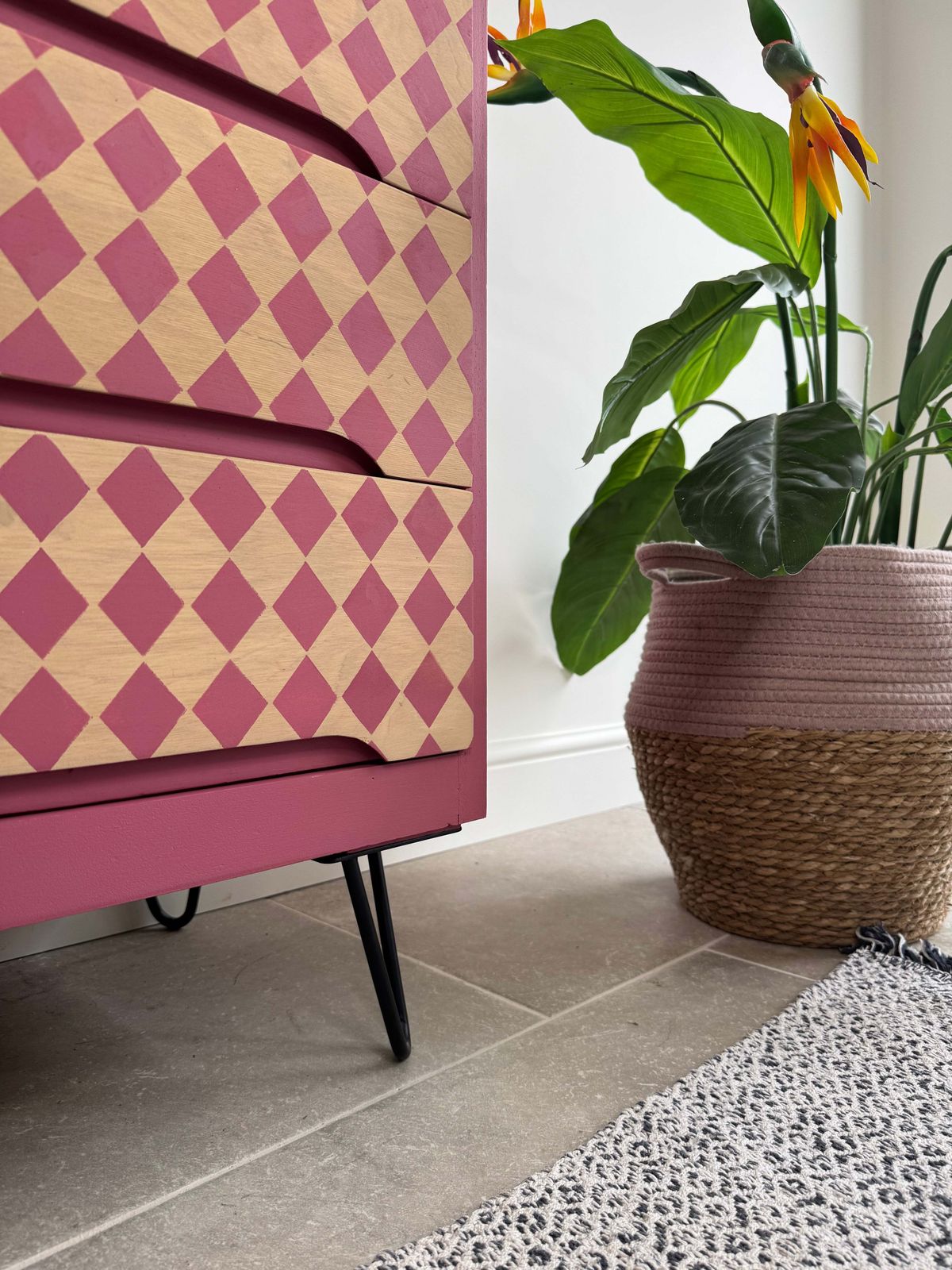 Bright Pink Retro Patterned Chest Of Drawers photo vinterior