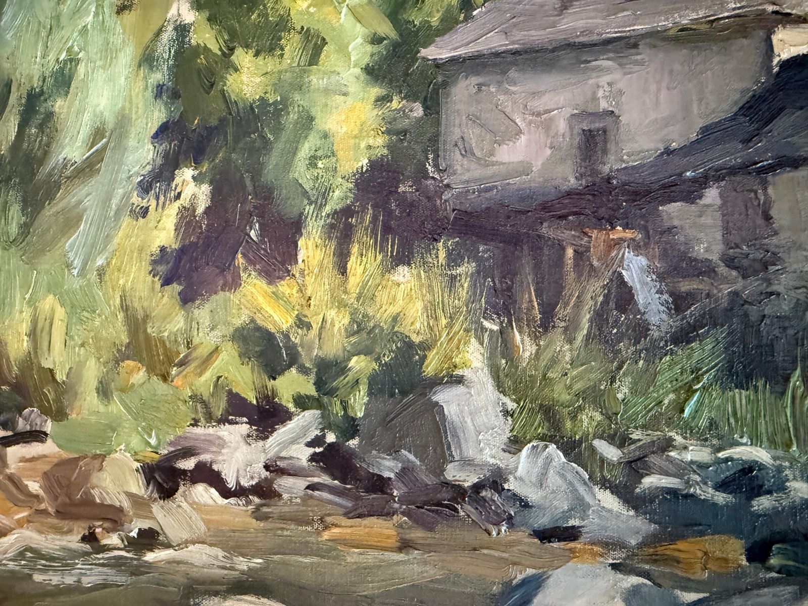 Stone House In Salardú Oil Painting Spanish Landscape Spain C.1955 photo for sale