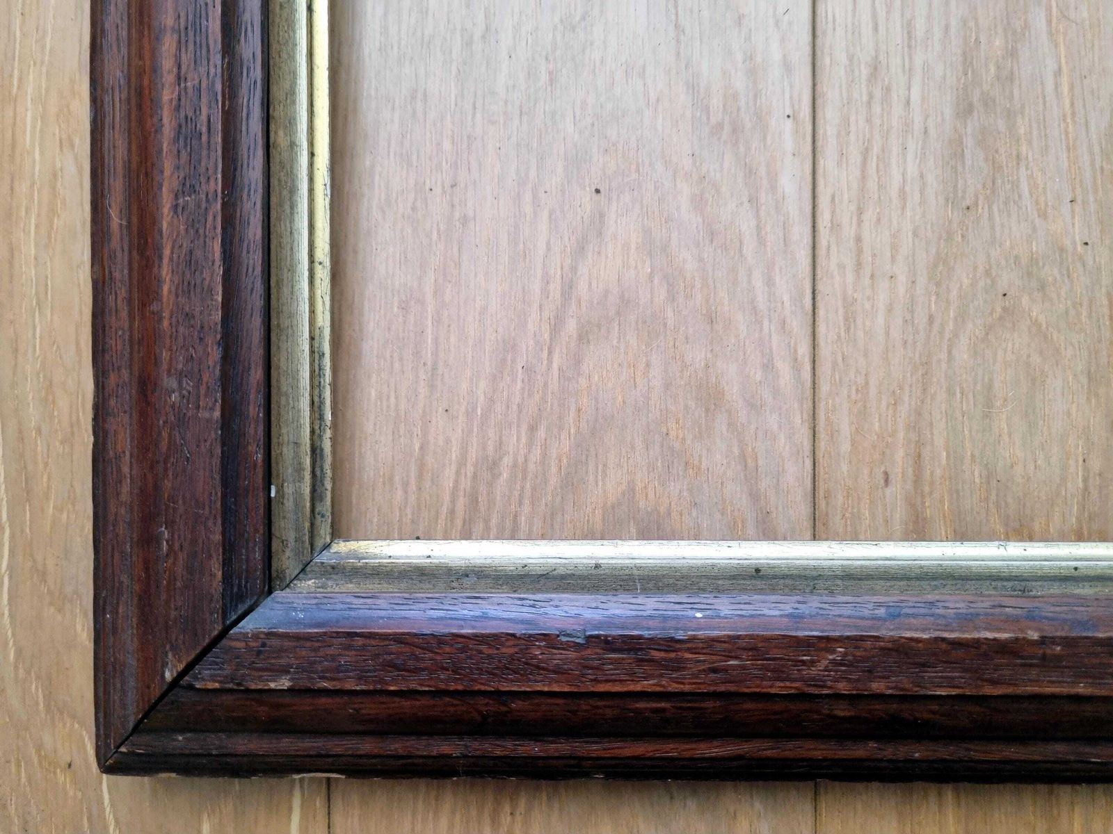 Large English Antique Oak Wood Painting Frame With Gilt Insert, Original Fixture Hardware photo furniture
