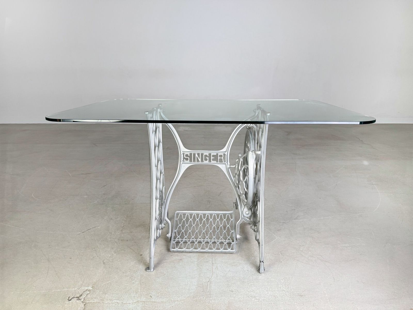 Midcentury Dining Table Glass Table Singer Sewing Machines Cast Iron Unique Piece photo 450.0