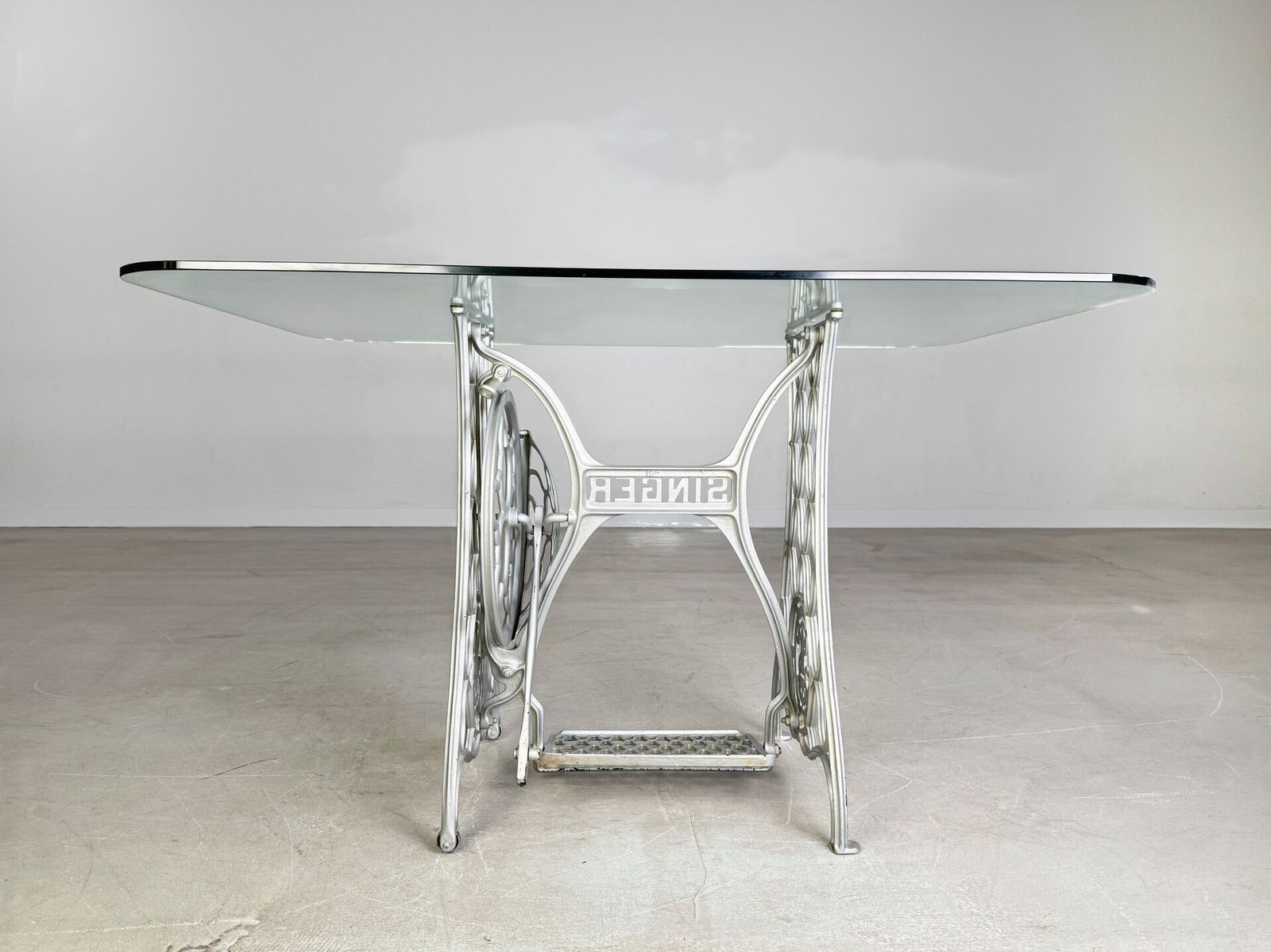 Midcentury Dining Table Glass Table Singer Sewing Machines Cast Iron Unique Piece photo vinterior
