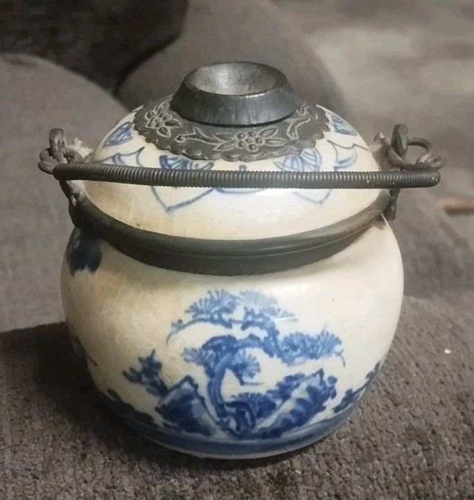 Ceramic Vase Blue Paintings Asia China Antique Porcelain 19th Century Opium Pipe