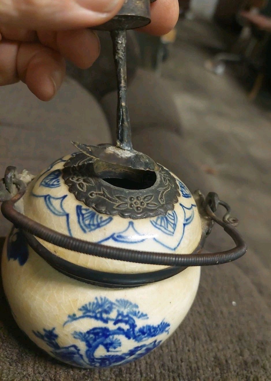 Ceramic Vase Blue Paintings Asia China Antique Porcelain 19th Century Opium Pipe photo Home Decor